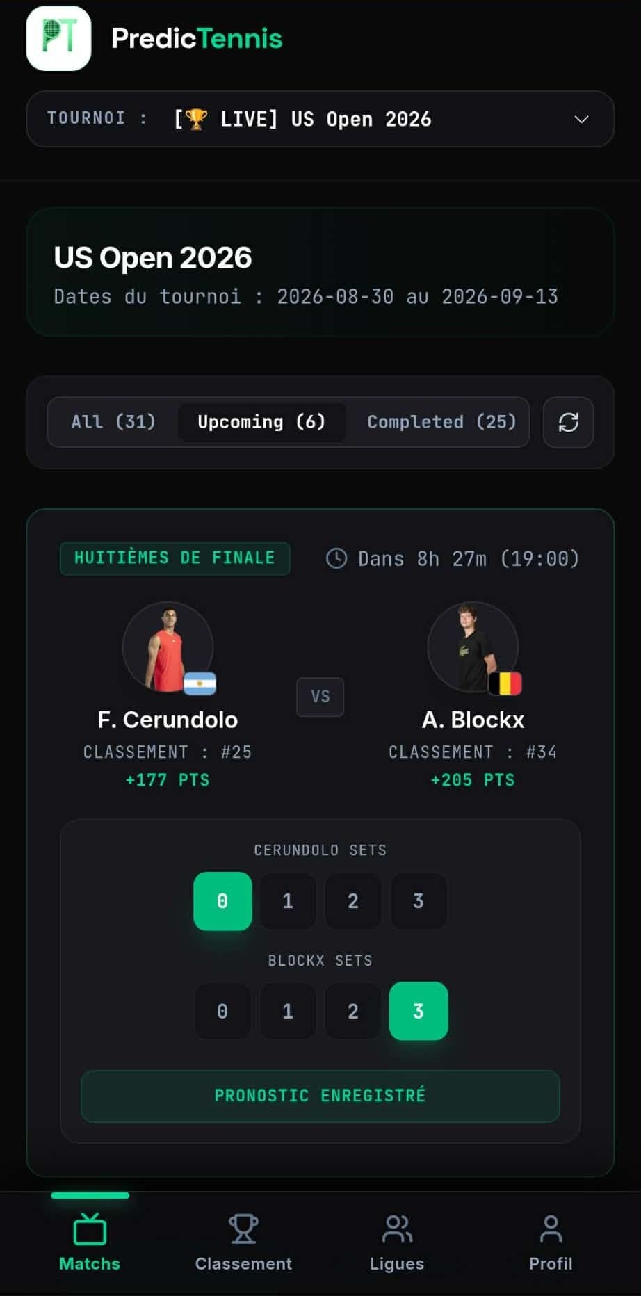 Écran de pronostic d'un match dans l'application PredicTennis